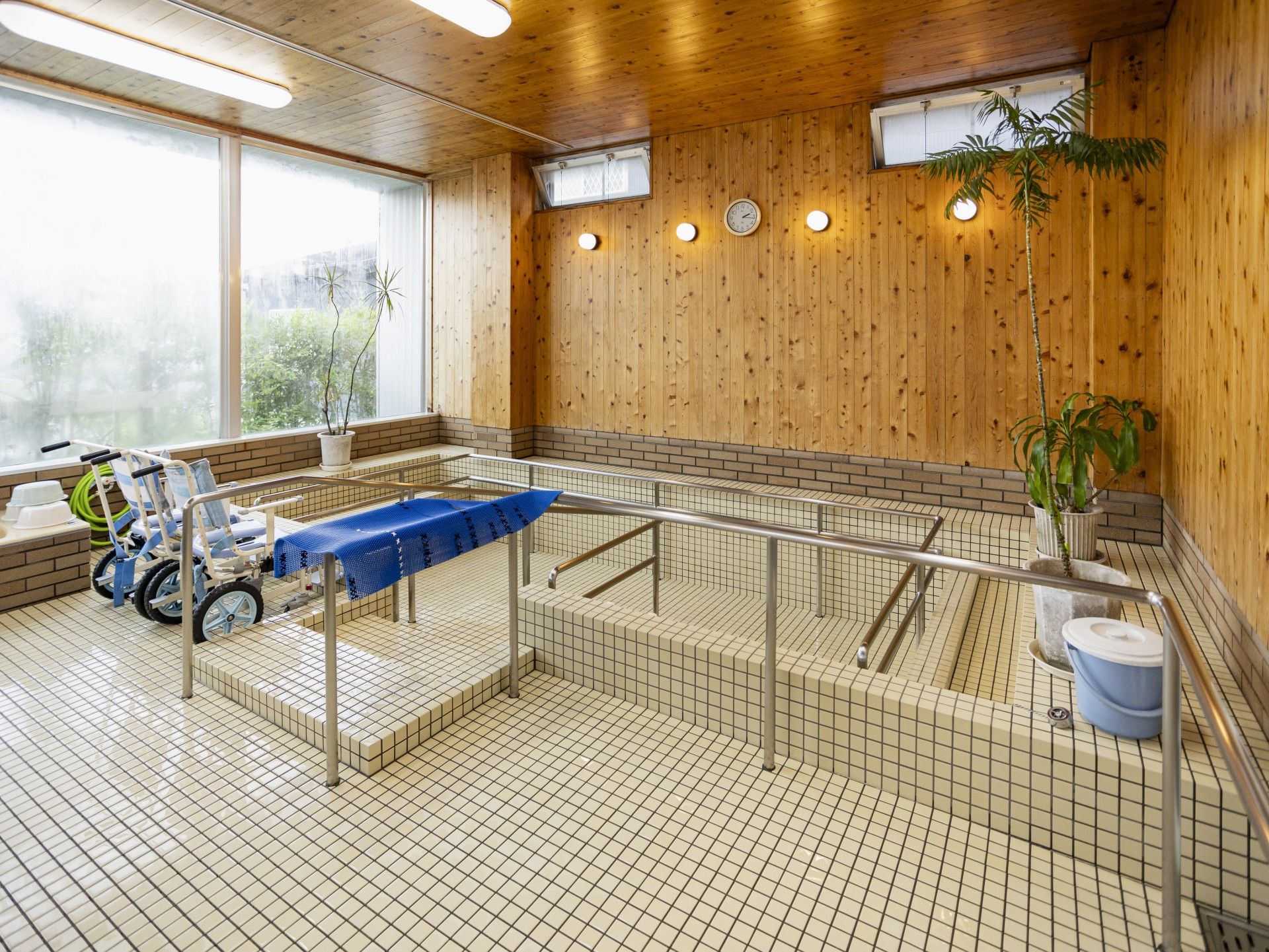 遠くを見ながら笑顔で話している高齢女性と車いすを押す女性スタッフ。散歩の一場面