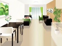 広い居室にはベッドやテーブルセットを置いてもゆとりがあり、大きな窓から陽の光が入ってくる設計。