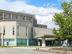 グレーの外壁の病院の外観。敷地内には車が止まっていて、草木が植えられている。
