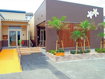 ベージュとブラウンの建物の玄関先には手すり付きのスロープと階段がある。草木が植えられている。