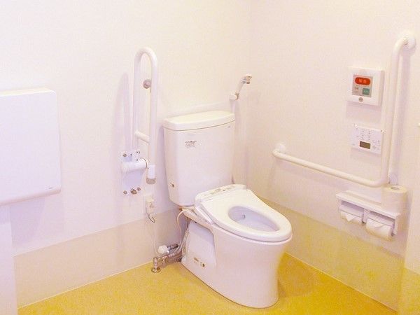 緊急コールと可動式の手すり、壁に固定型の手すりなどがついている施設のトイレの様子