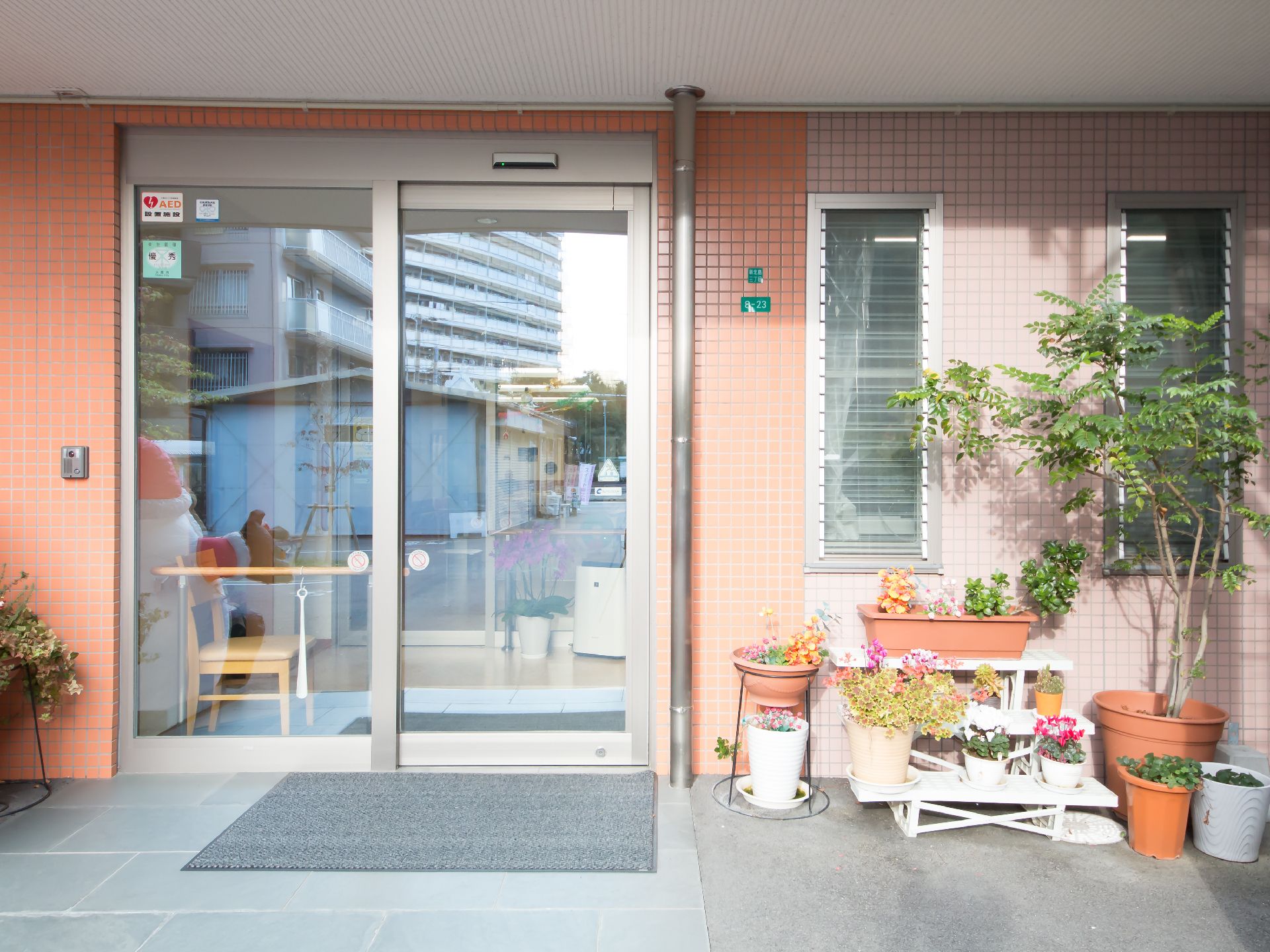 プランターに植えられた花や木が置いてあるエントランス付近