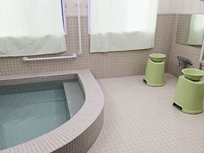 楕円形の浴槽が設置された浴室には手すりや浴室用の桶なども置かれている。