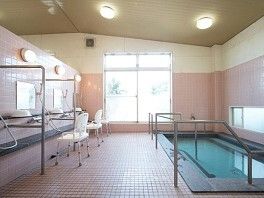 大きな窓が付いた明るい浴室には大きな浴槽があり、手すりが付いている。シャワースペースにはシャワーチェアもある。