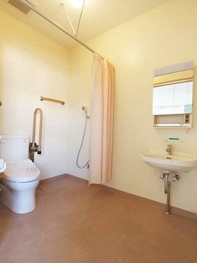 手すりが付いたトイレはカーテンで開け閉めをするタイプで車いすでの利用もできる。洗面所も車いす対応のデザイン。