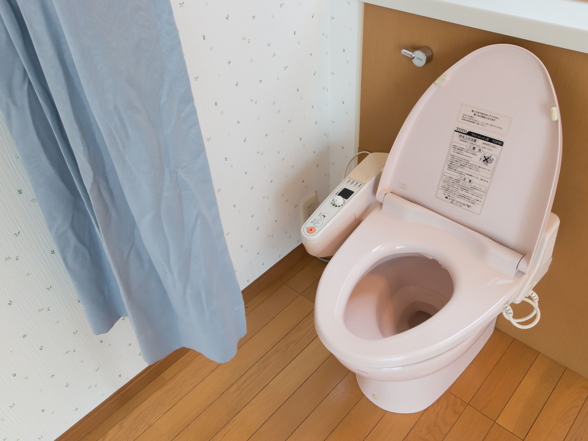 温水洗浄便座付きのトイレである。開放的な空間になっており、カーテンで仕切られている。床はフローリングになっている。