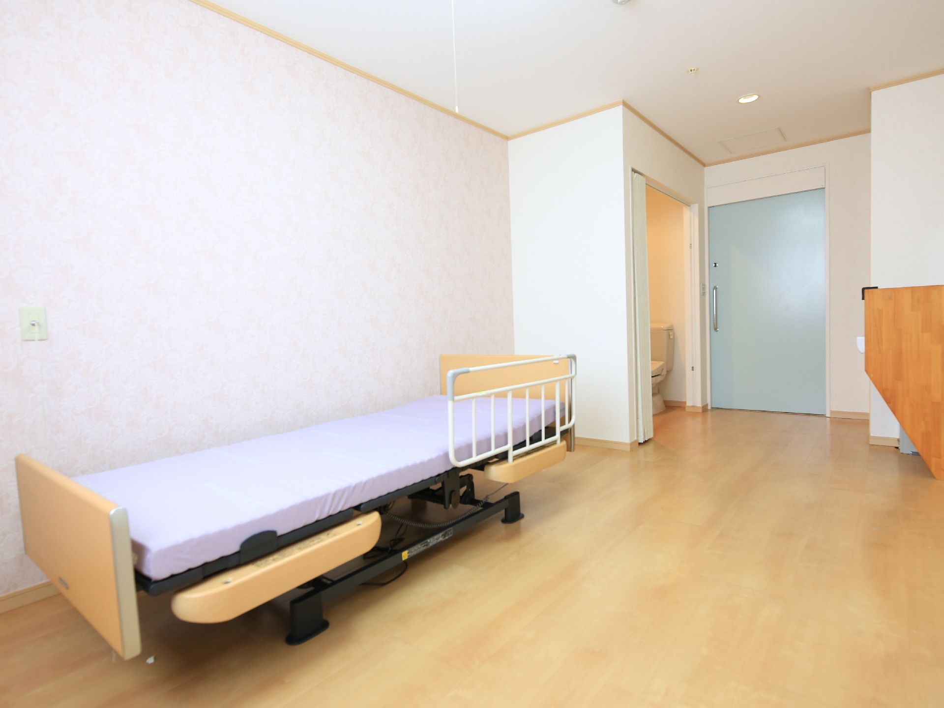 洗面台やトイレが設置され、片面がシックな淡い色彩となっている居室