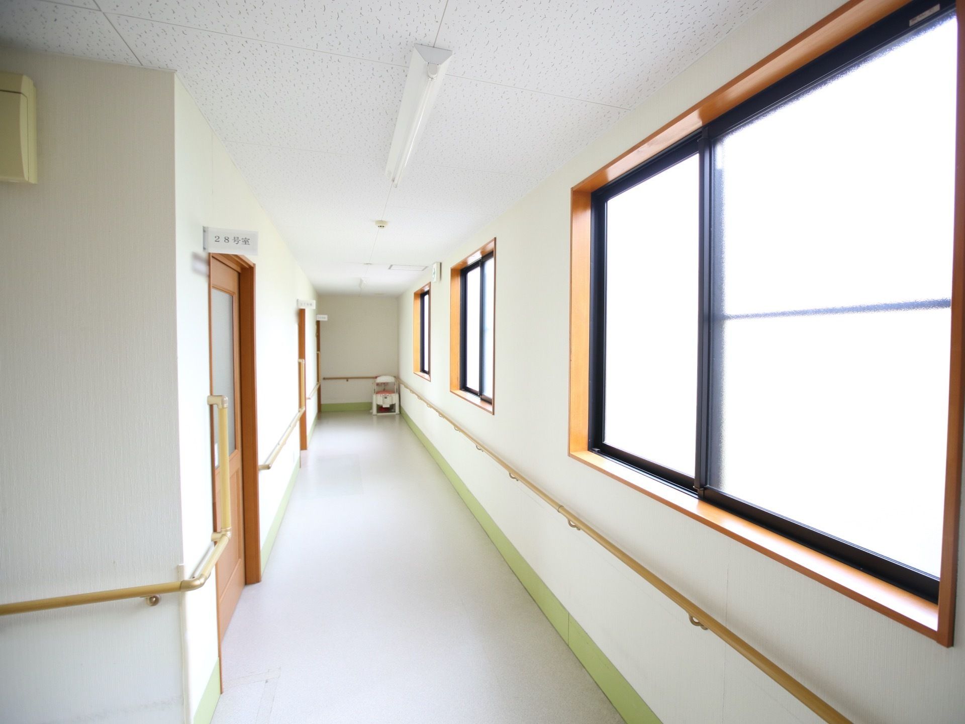 通路の壁、足元部分はグリーンにあしらわれている。床面は段差のない、フラット造りになっている。窓が多く設置されてある。