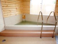 四角い部屋の隅を利用した三角形の浴槽の様子。プールのような手すりがついている