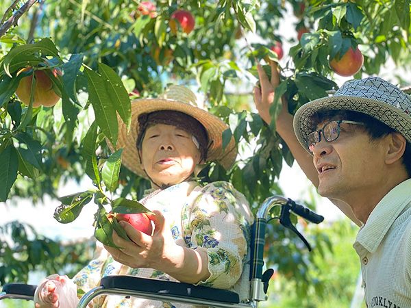 エプロンを付けた若い男女のスタッフに付き添われ屋外での時間を楽しんでいる車いすの高齢男女。