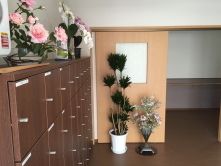 観葉植物や花が飾られた段差のない玄関にはブラウン系の大きな靴箱が置かれている。
