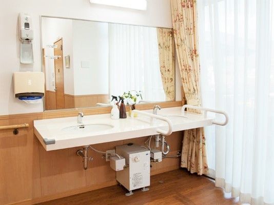 大きな窓のそばには洗面所が二つ並び、大きな鏡が付いている。手すりも付き車いす対応の仕様。