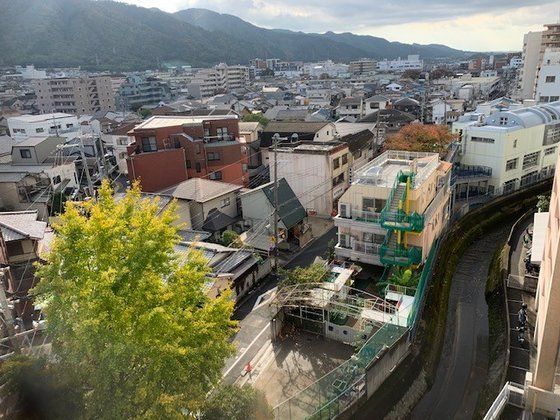 マンションのような背の高い建物が複数あり、住宅がひしめき合って建っている。すぐ目の前には大きな木もある。