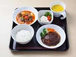 トレーの上には野菜が添えられたデミグラスハンバーグポテトサラダ、ポタージュなどが並んでいる。
