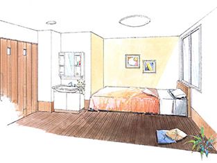 寝具付きのベッドが置かれた居室の壁には絵画が数点飾られている。