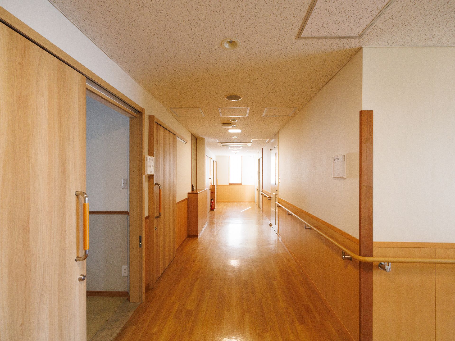 壁に手すりが取り付けられ、バリアフリー化されている廊下
