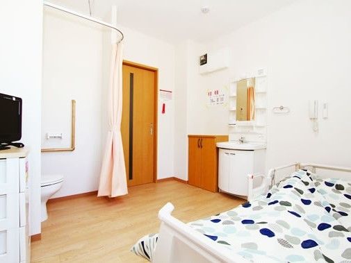 カーテン仕切りのトイレと洗面台が付いた小さなワンルーム