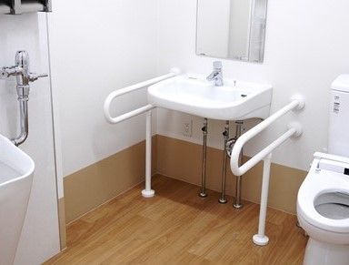手すりが両側に付いている洗面台の様子。トイレの横にある設備