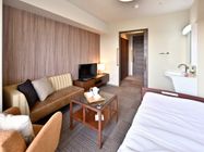 ベッドやテーブル、ソファなどが並んだ一人部屋。ベッド脇にはナースコールが設置されている。