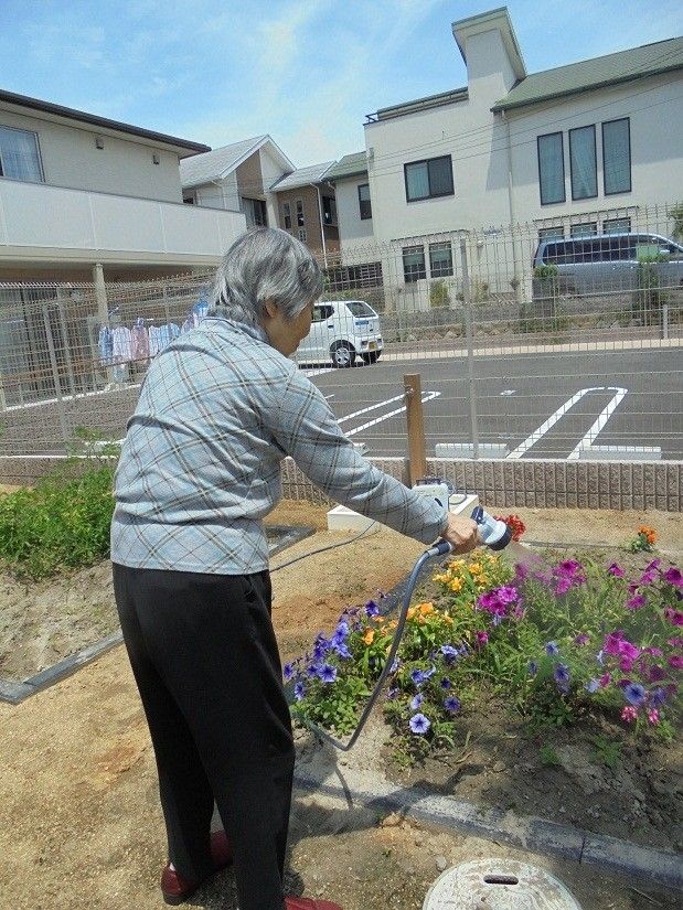 お花に水をやる高齢者