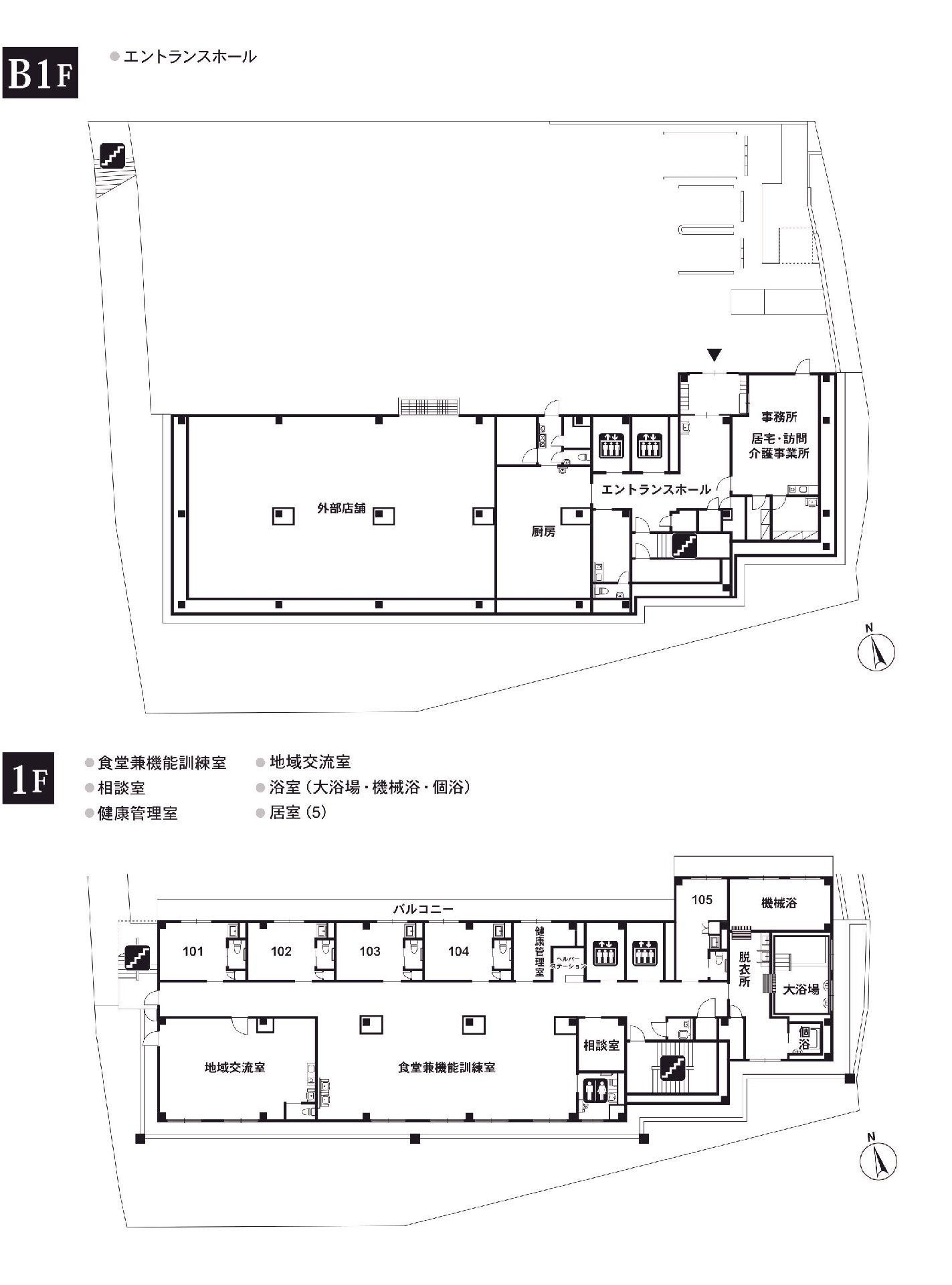 リアンレーヴ宮前平のＢ1Ｆ～1Ｆのフロアマップ