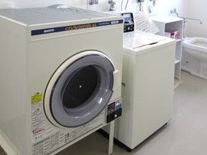 ランドリースペースには乾燥機と縦型の洗濯機があり、奥には手洗い用の洗い場もある。