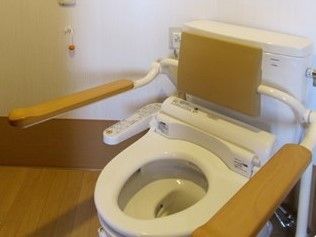 トイレは白い壁にフローリングの床、便器には両サイドに手すりが付き、背もたれもある。
