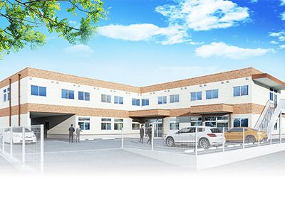 鉄骨造の建物のパース写真。青空が広がっている景色を写した様子