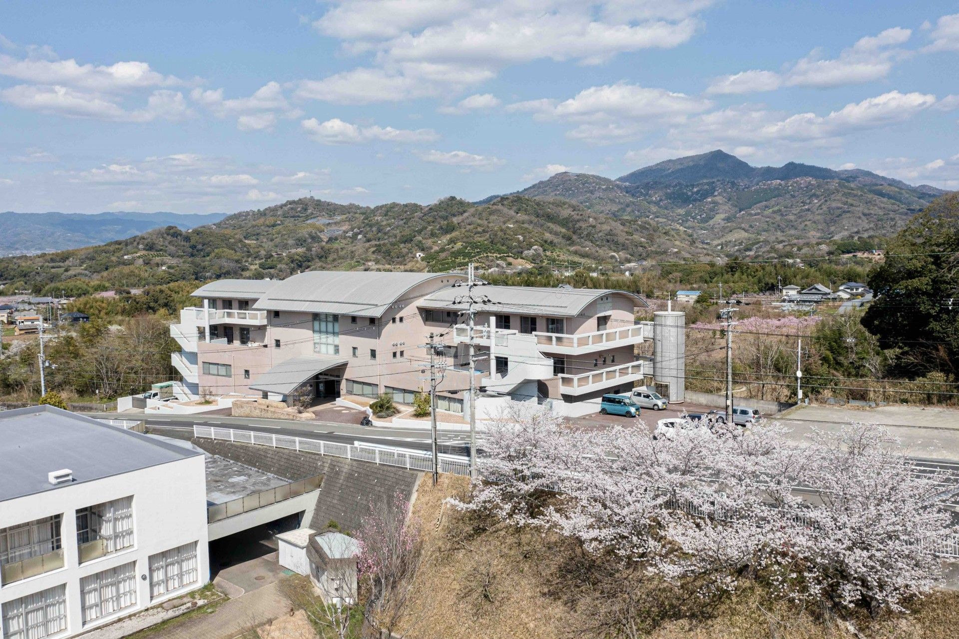 緑に囲まれた建物の外観