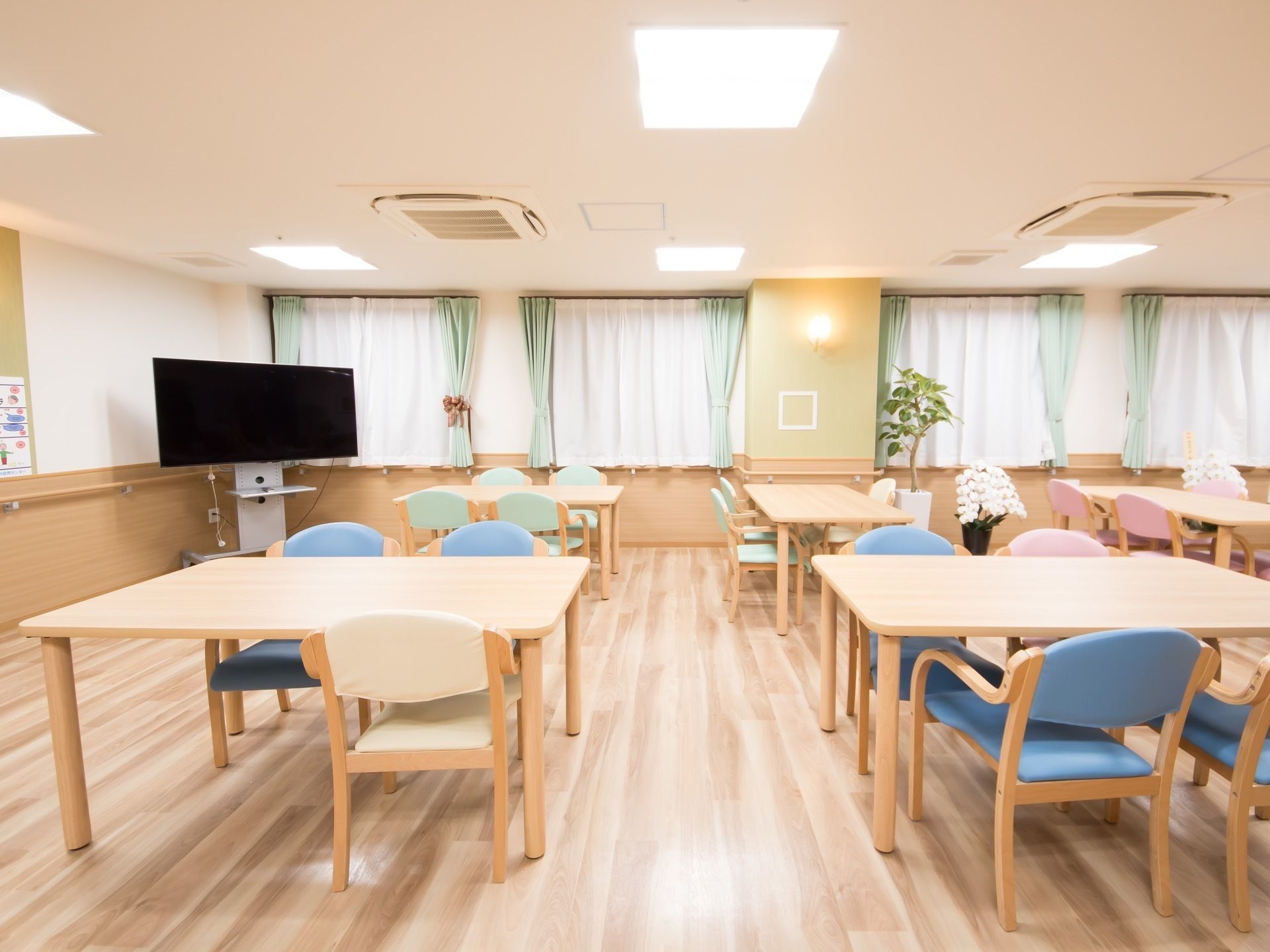 木のぬくもりが感じられるリビング。胡蝶蘭や観葉植物が飾られており、窓には白いレースと緑色のカーテンが取りつけられている。