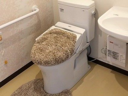 手洗い場もついたトイレにはカバーが付けられ、呼び出しボタンと手すりもある。