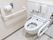 温水洗浄便座が採用された清潔感のあるトイレになっている。便器の両側には、白色の手すりがある。