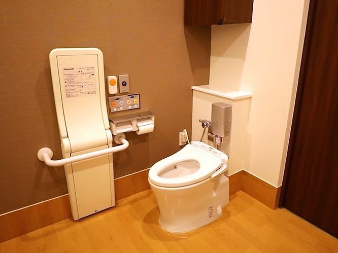 手すりと緊急コールが付いているトイレの様子。車いすが入れる広さのトイレ