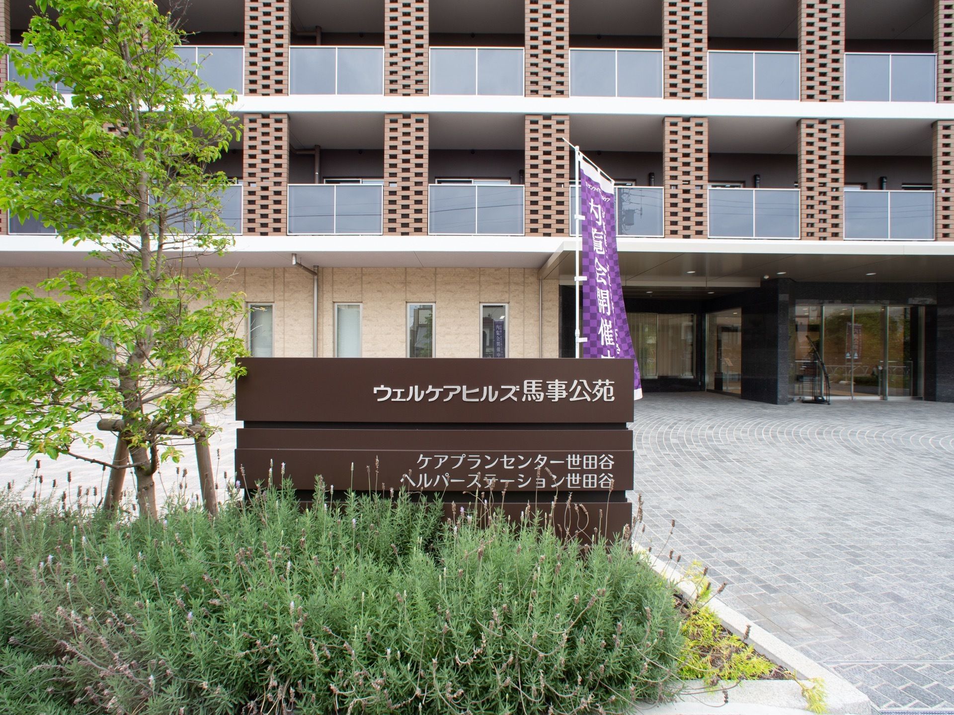 歩道付近には茶色の字で施設の名称を印字している。白色の分かりやすい文字で道路からでも確認することができる。