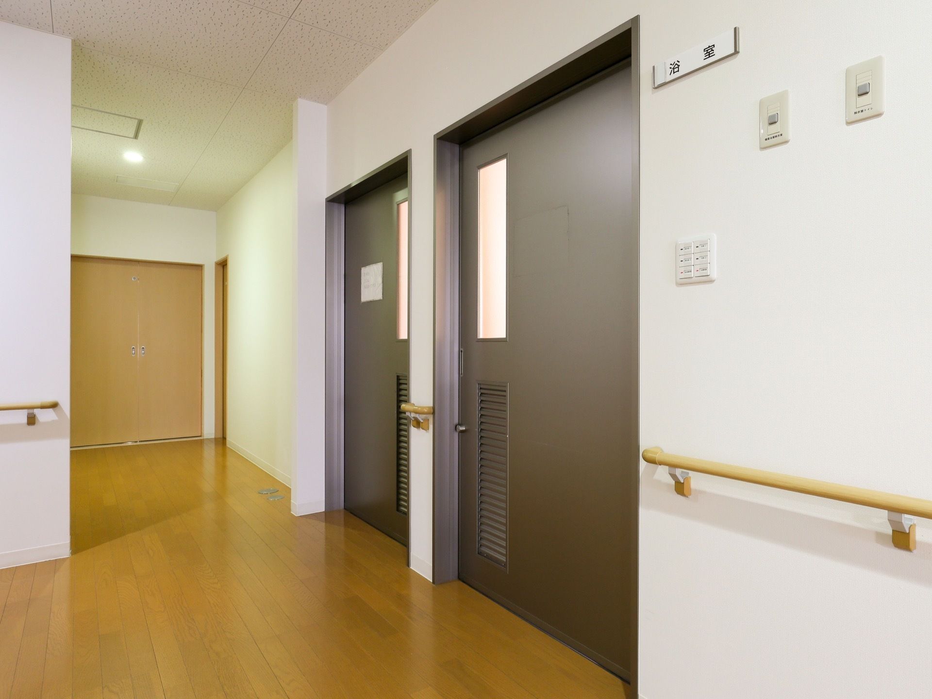 通路は広く、床はフローリングである。壁には手すりや照明のスイッチがある。ダークブラウンの浴室の扉が2枚ある。