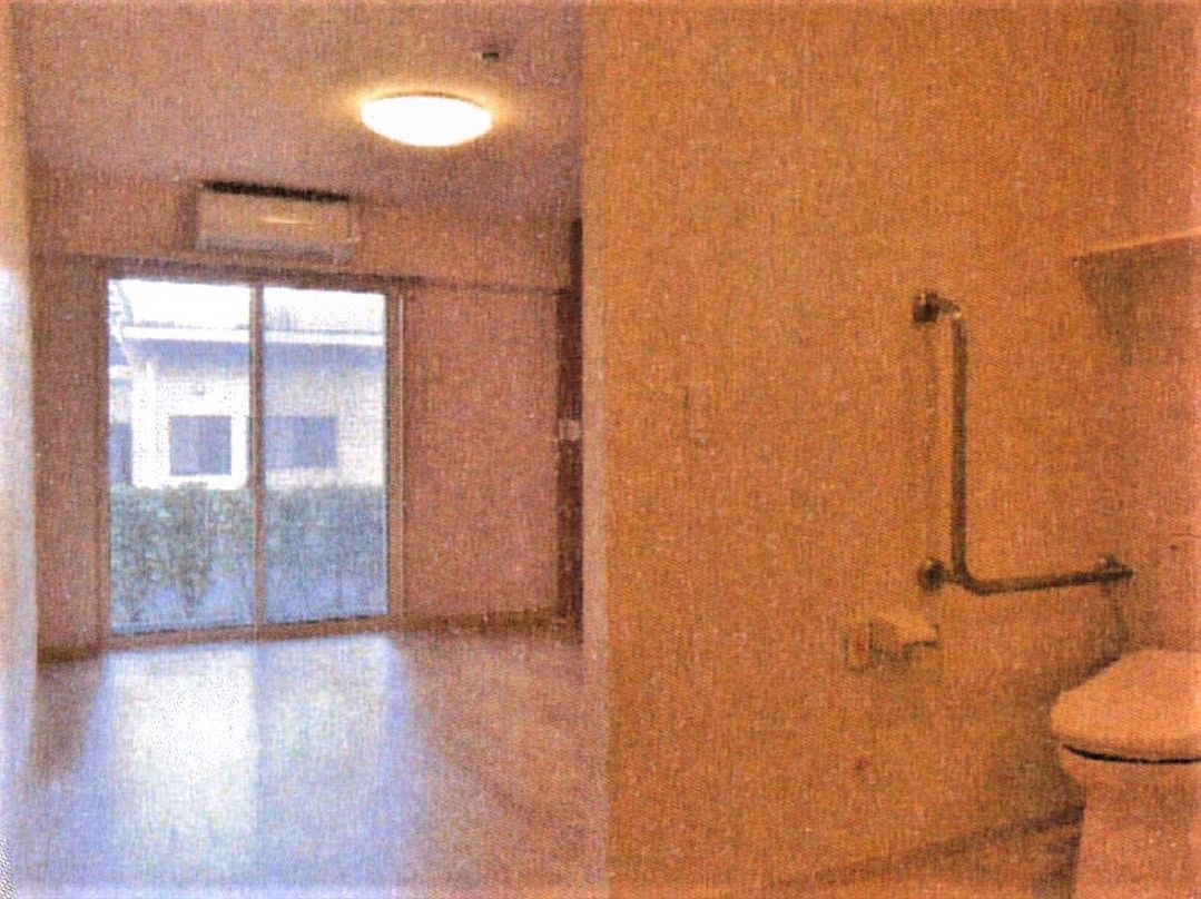 部屋の中に設置されているトイレの様子。L字型の手すりが付いている高齢者用のトイレ