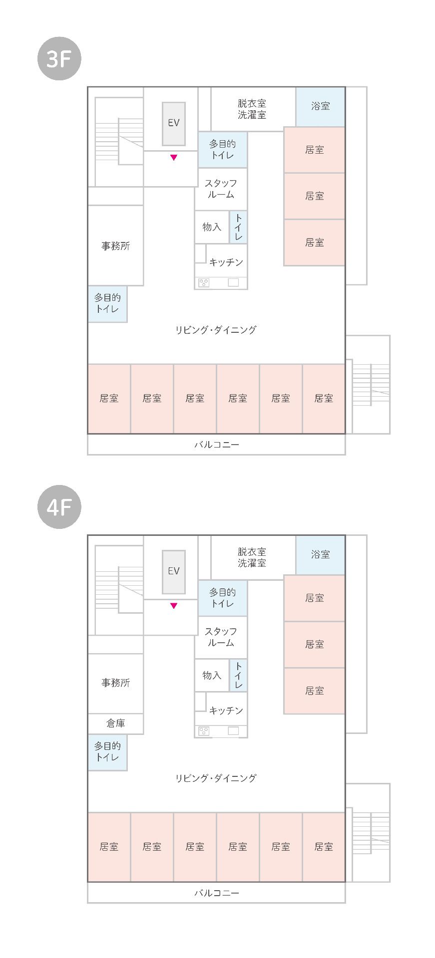 はなまるホーム草加松原の3～4Ｆのフロアマップ