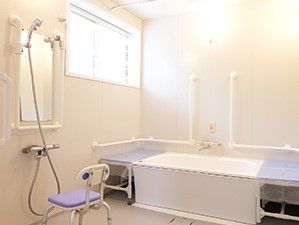 手すり付きの鏡とシャワーチェア、腰掛スペースがある施設内の浴室の様子