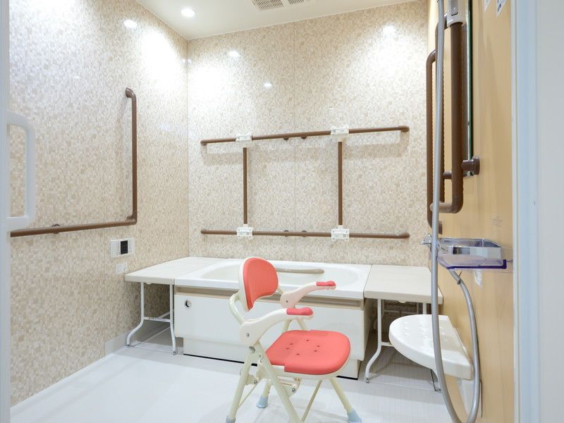 手すりが多めに設置された浴室には白い一人用の浴槽とシャワー、手すりなどがある。