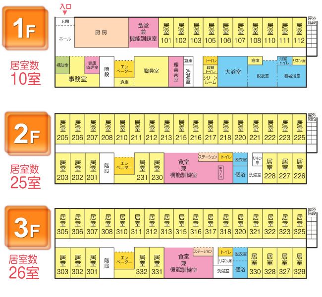 さわやかそう花の里の1～3Ｆのフロアマップ