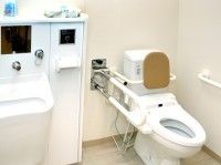 両側に手すりが付いたトイレの様子。車いすのまま入れる広さのトイレスペース