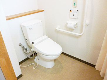 緊急コールや手すりが取り付けられている高齢者用のトイレの様子。車いすが入れる広さのトイレ