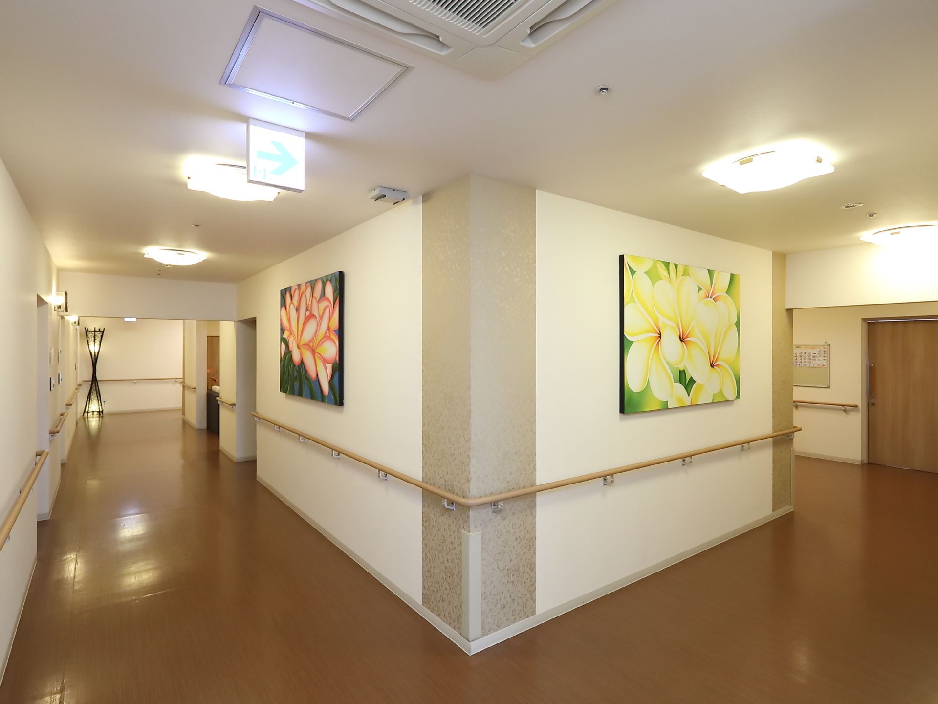 廊下には足元を明るく保つため、天井に大きな照明が等間隔に設置されている。品の良い絵画や調度品が配置されており、目の保養となっている。