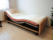 寝具付きのベッドは介護ベッドでモーター式。観葉植物が飾られている部屋には大きな窓がある。