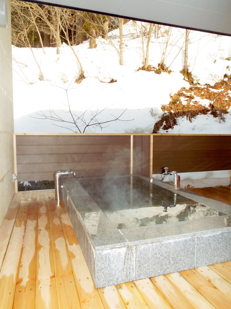 奥のほうに雪景色が見えている湯舟の様子。手前に浴槽がある様子