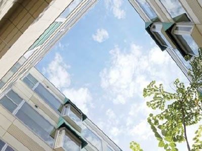 中庭から空を見上げると青空と中庭の木の葉っぱが見える。