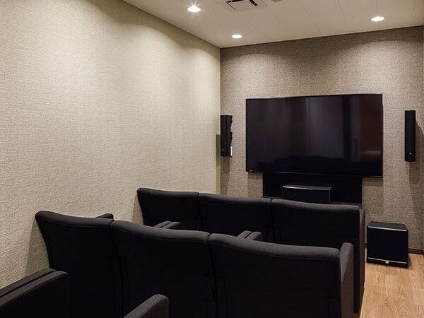 本格的なシアターセットやカラオケセットが置かれた部屋。黒い一人用の椅子も正面に向かって並べられている。