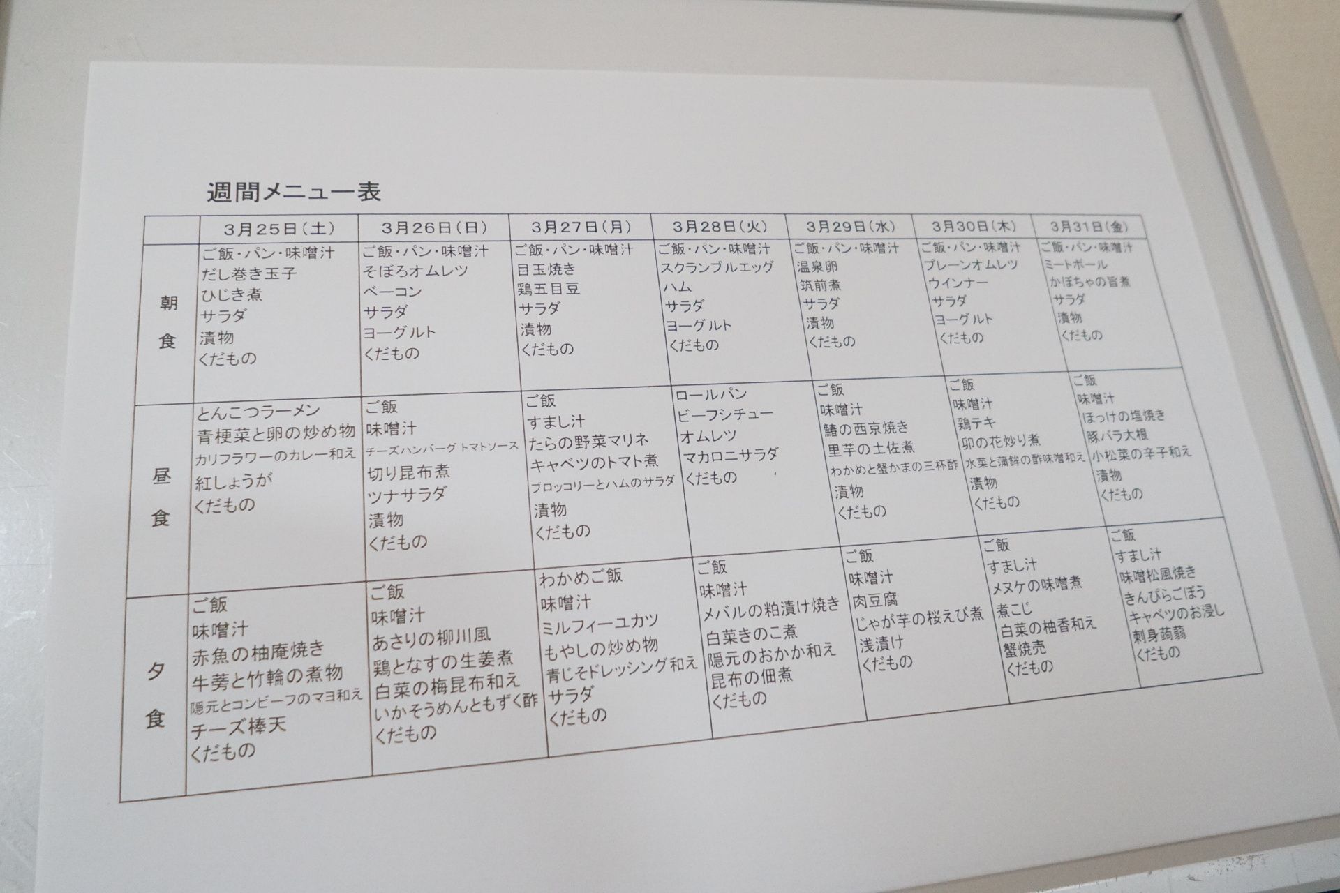 メニューが記載されている、廊下に貼られたメニュー表