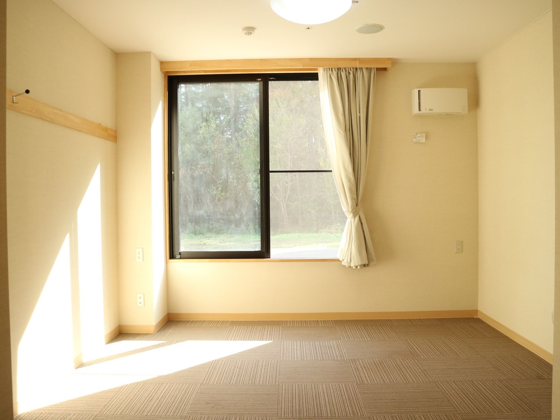 居室にはカーテンの付いた大きな窓があり、陽の光が入ってきている。壁には空気清浄機や壁掛けフックが取り付けられている。