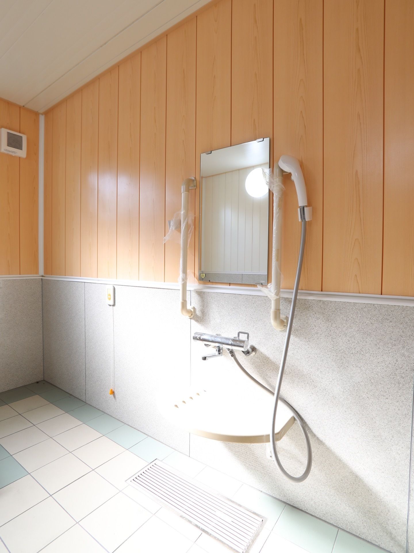 シャワー設備である。鏡の隣に手すりが備わっている。足元には洗面器を置く棚があり、近くには緊急呼び出しボタンが設置されている。